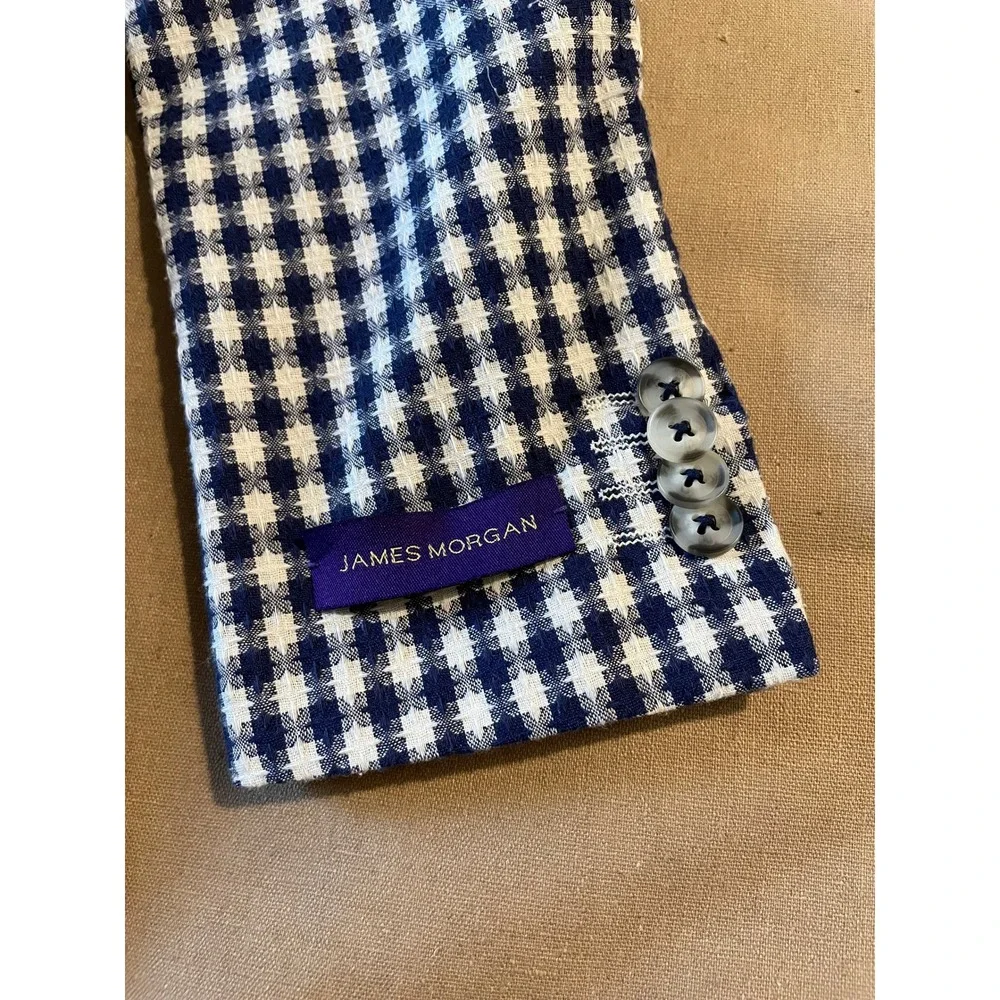 James Morgan Boys Gingham Blazer Size 16 Blue White Patch Pockets Elbow Patches